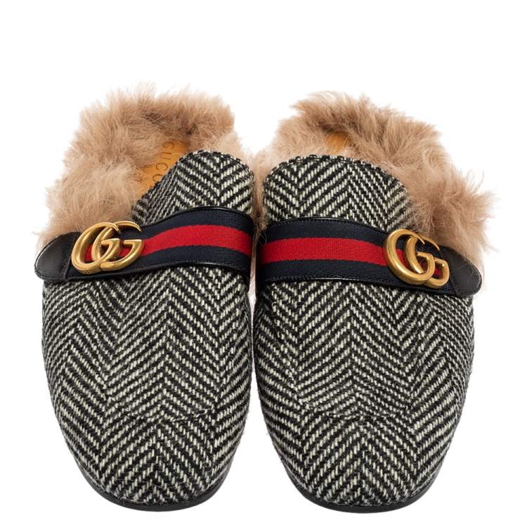 Pre Owned Gucci Black/White Wool Herringbone Fur Web GG Princetown Flat Mules Size 42.5