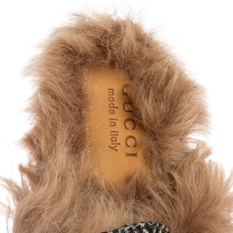 Pre Owned Gucci Black/White Wool Herringbone Fur Web GG Princetown Flat Mules Size 42.5