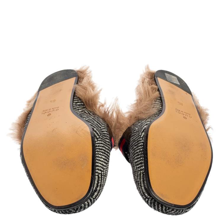 Pre Owned Gucci Black/White Wool Herringbone Fur Web GG Princetown Flat Mules Size 42.5