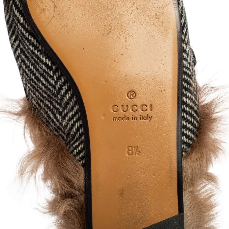 Pre Owned Gucci Black/White Wool Herringbone Fur Web GG Princetown Flat Mules Size 42.5