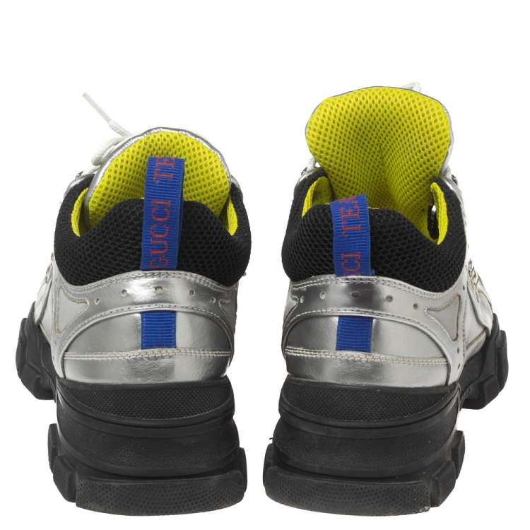 مملوكة مسبقًا Gucci Silver/Black Leather and Mesh Flashtrek Sneakers Size 40.5