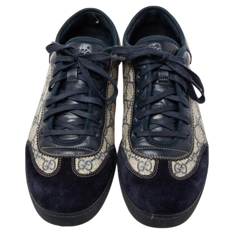 Pre Owned Gucci Navy Blue/Beige GG Supreme Canvas and Suede Low-Top Sneakers Size 42