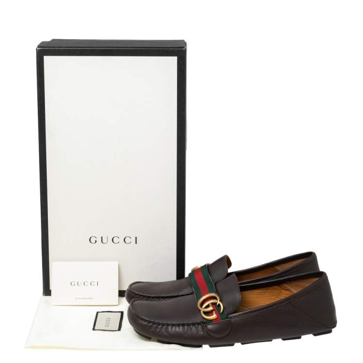Pre Owned Gucci Dark Brown Leather GG Marmont Web Driver Loafers Size 42