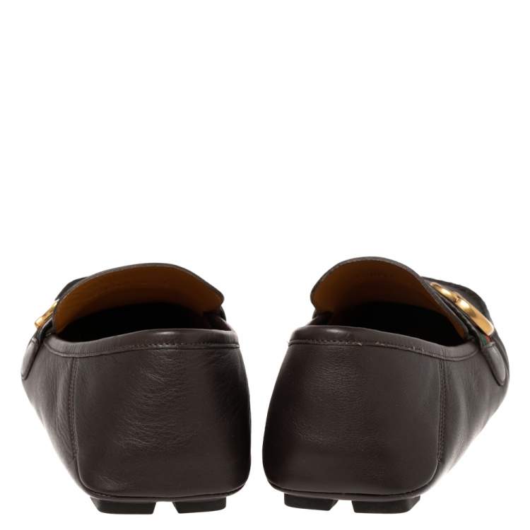 Pre Owned Gucci Dark Brown Leather GG Marmont Web Driver Loafers Size 42