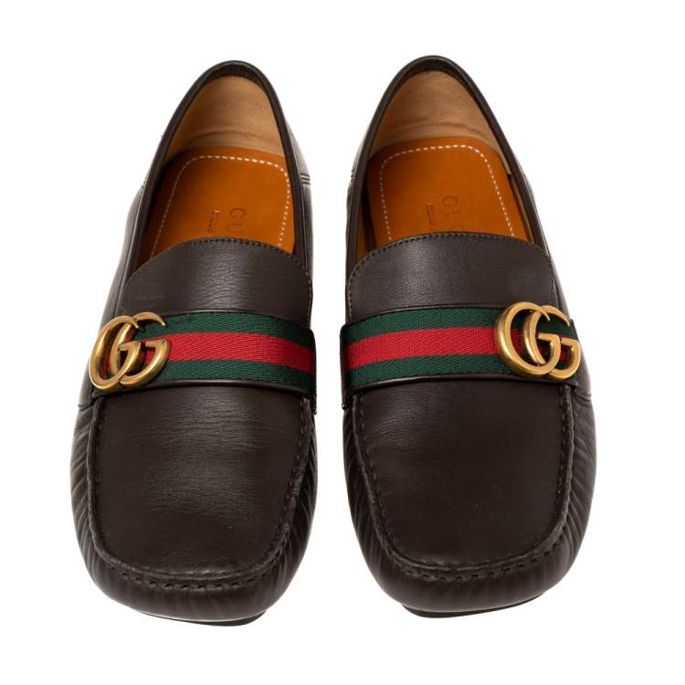 Pre Owned Gucci Dark Brown Leather GG Marmont Web Driver Loafers Size 42