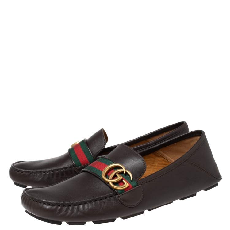 Pre Owned Gucci Dark Brown Leather GG Marmont Web Driver Loafers Size 42