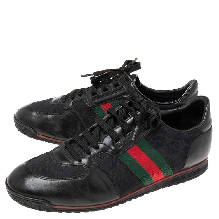 Pre Owned Gucci Black GG Canvas And Leather Web Low Top Sneakers Size 42.5