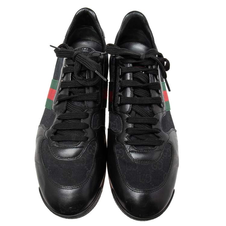 Pre Owned Gucci Black GG Canvas And Leather Web Low Top Sneakers Size 42.5