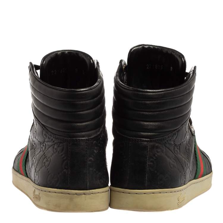 Pre Owned Gucci Black Guccissima Leather Web Detail High Top Sneakers Size 42