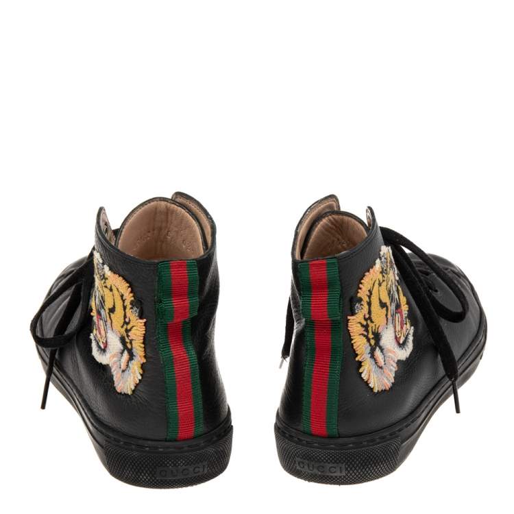 Pre Owned Gucci Black Leather Tiger Patch High Top Sneakers Size 42