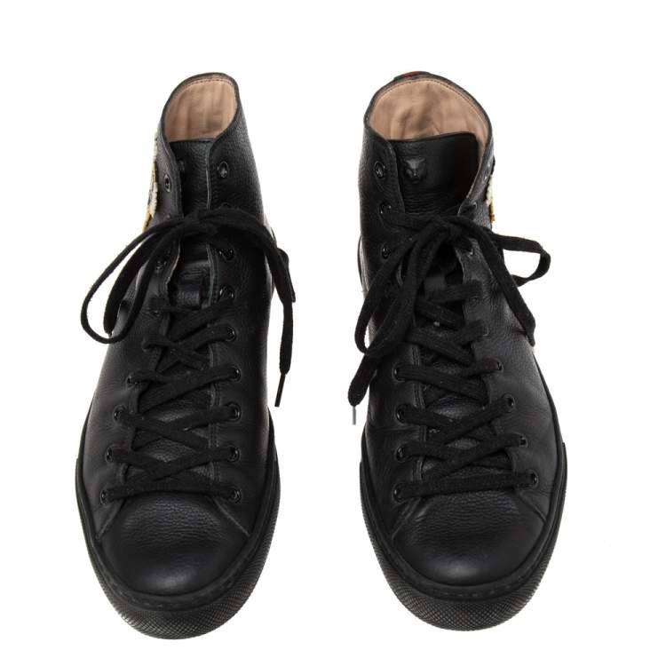 Pre Owned Gucci Black Leather Tiger Patch High Top Sneakers Size 42