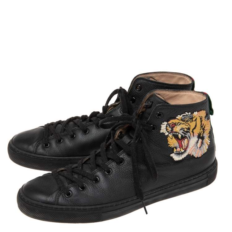 Pre Owned Gucci Black Leather Tiger Patch High Top Sneakers Size 42