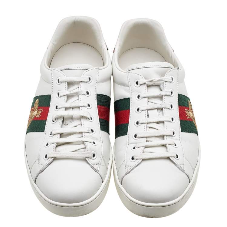 Pre Owned Gucci White Leather Ace Bee Embroidered Low Top Sneakers Size 43