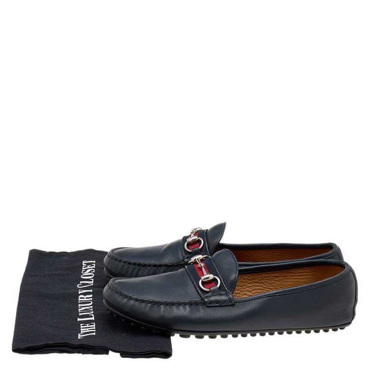 Pre Owned Gucci Navy Blue Leather Horsebit Web Slip On Loafers Size 42