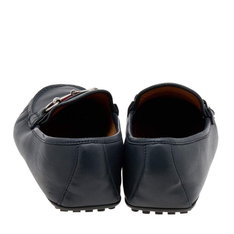 Pre Owned Gucci Navy Blue Leather Horsebit Web Slip On Loafers Size 42