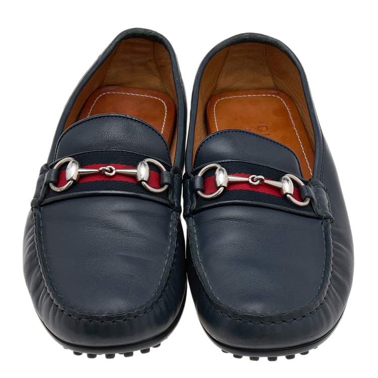 Pre Owned Gucci Navy Blue Leather Horsebit Web Slip On Loafers Size 42