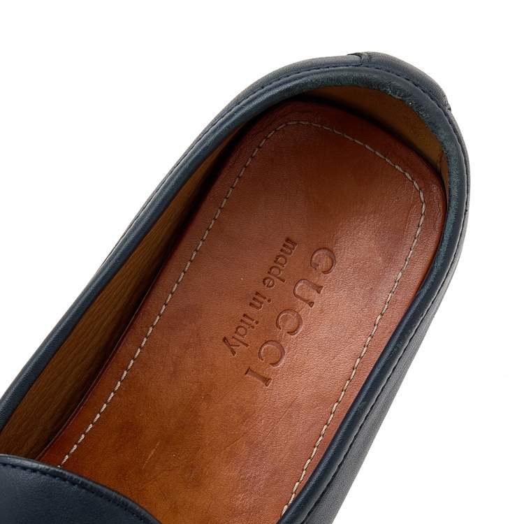 Pre Owned Gucci Navy Blue Leather Horsebit Web Slip On Loafers Size 42