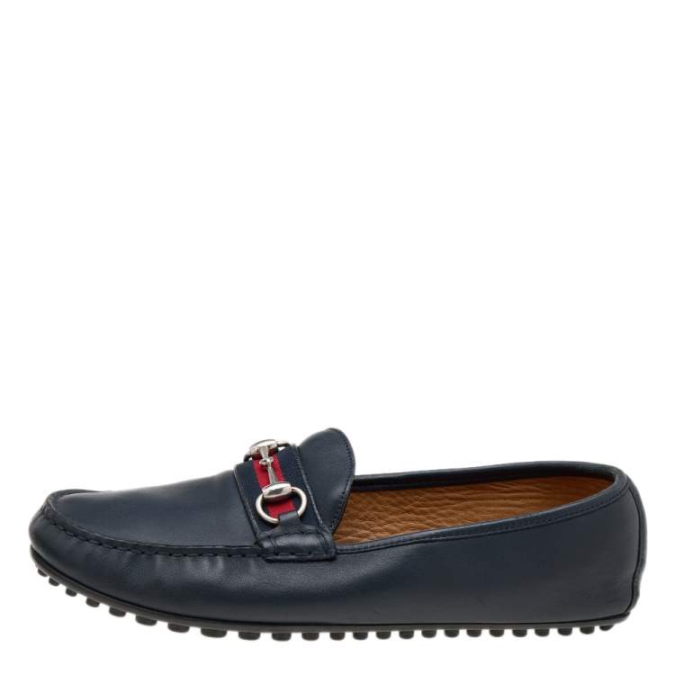 Pre Owned Gucci Navy Blue Leather Horsebit Web Slip On Loafers Size 42