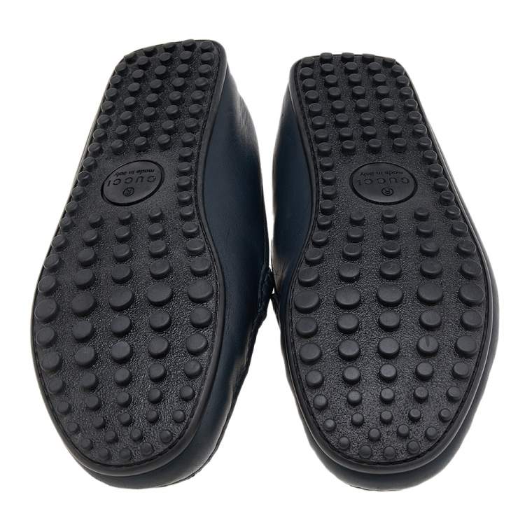 Pre Owned Gucci Navy Blue Leather Horsebit Web Slip On Loafers Size 42