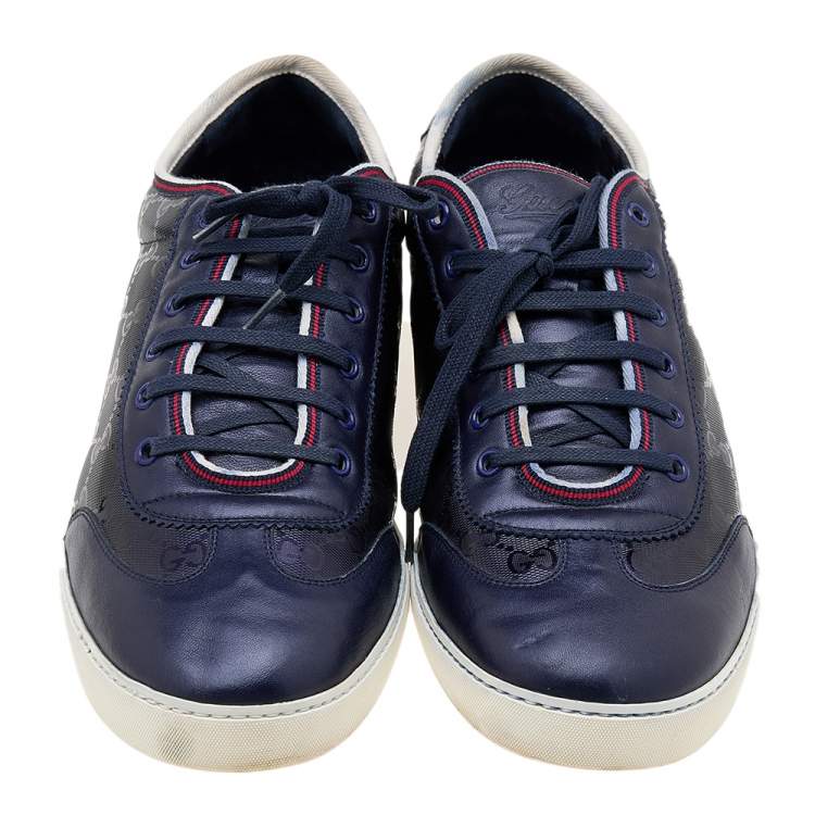 Pre Owned Gucci Navy Blue GG Imprime Canvas And Leather Low Top Sneakers Size 47