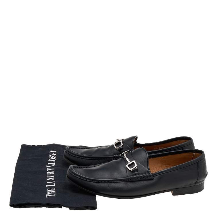 Pre Owned Gucci Black Leather Horsebit Slip On Loafers Size 42.5