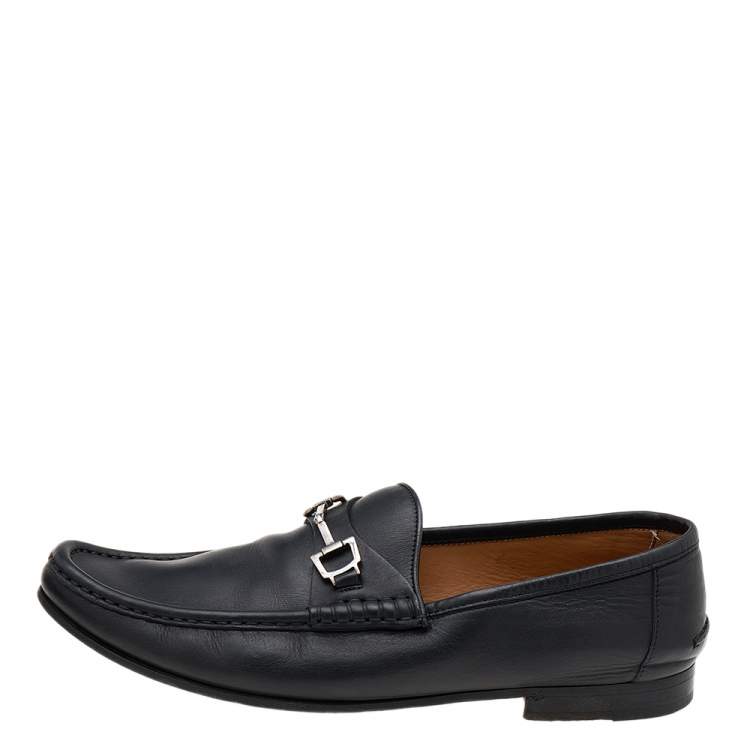 Pre Owned Gucci Black Leather Horsebit Slip On Loafers Size 42.5