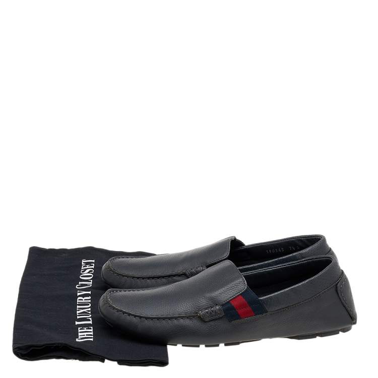 Pre Owned Gucci Dark Grey Leather Web Detail Slip On Loafers Size 41.5