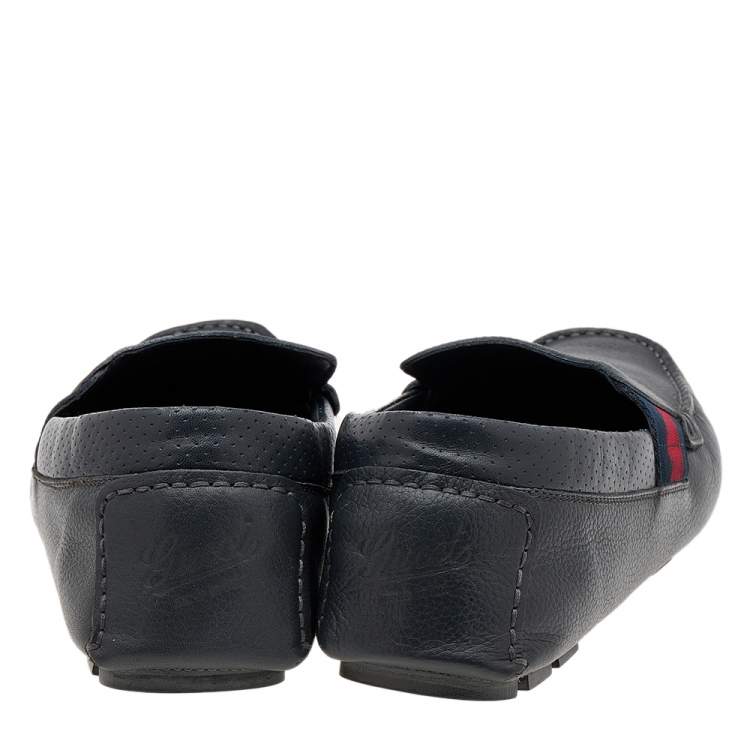 Pre Owned Gucci Dark Grey Leather Web Detail Slip On Loafers Size 41.5