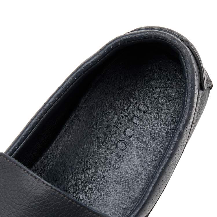 Pre Owned Gucci Dark Grey Leather Web Detail Slip On Loafers Size 41.5