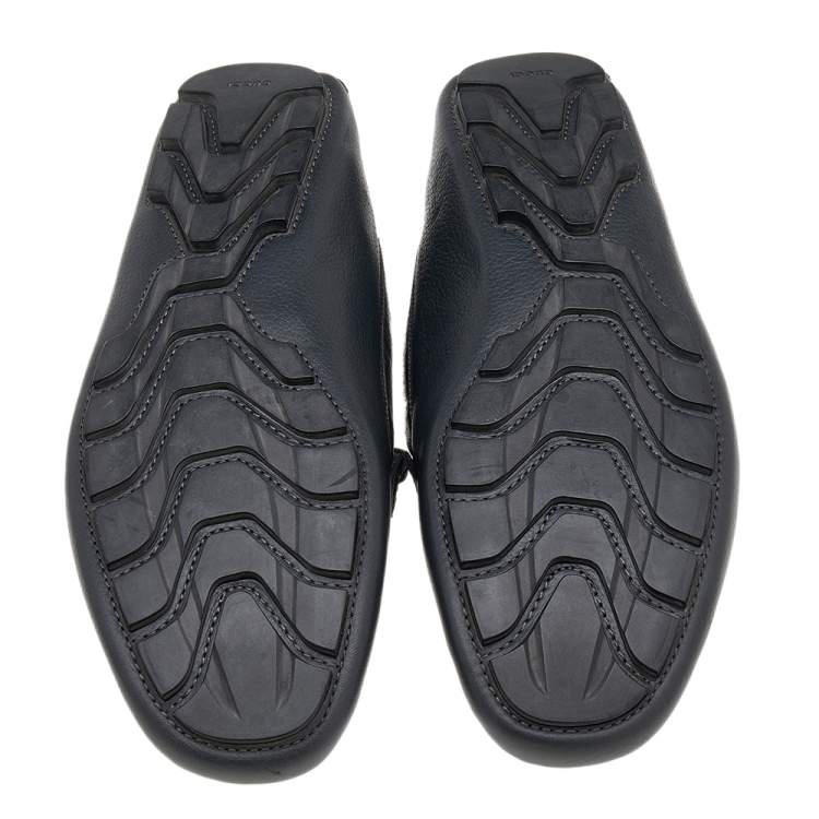 Pre Owned Gucci Dark Grey Leather Web Detail Slip On Loafers Size 41.5