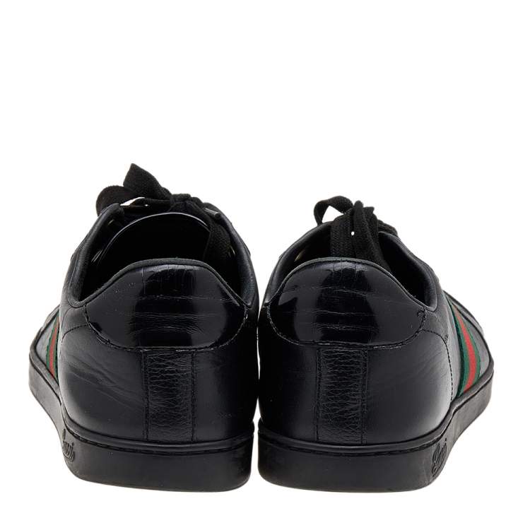 Pre Owned Gucci Black Leather Web Low Top Sneakers Size 42