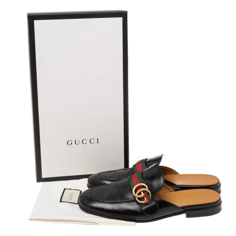 Pre Owned Gucci Black Leather GG Web Princetown Slide Mules Size 41