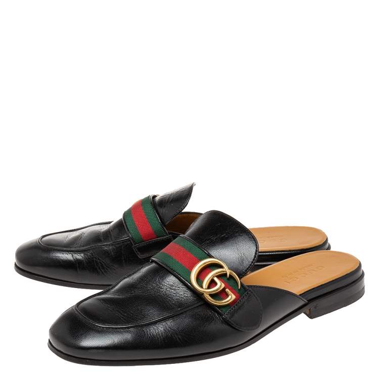 Pre Owned Gucci Black Leather GG Web Princetown Slide Mules Size 41