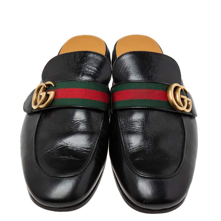 Pre Owned Gucci Black Leather GG Web Princetown Slide Mules Size 41