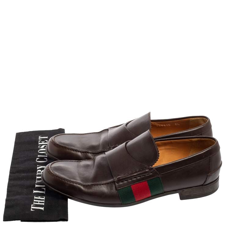 Pre Owned Gucci Brown Leather Web  Slip On Loafers Size 41.5