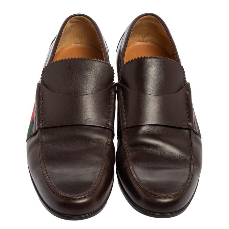 Pre Owned Gucci Brown Leather Web  Slip On Loafers Size 41.5