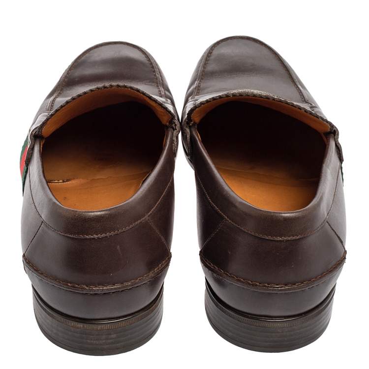 Pre Owned Gucci Brown Leather Web  Slip On Loafers Size 41.5