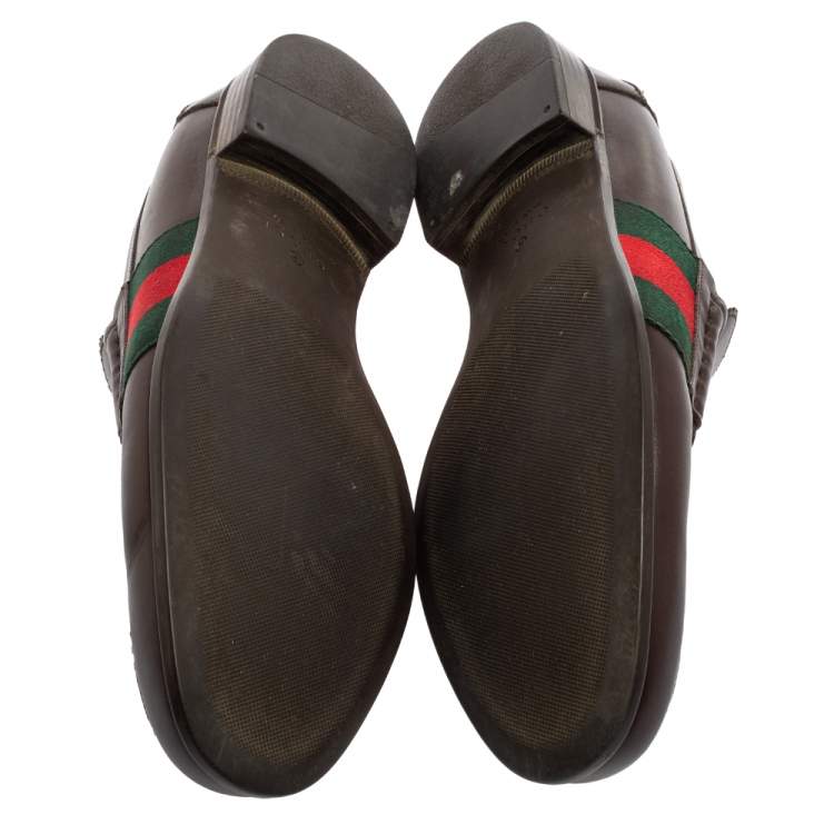 Pre Owned Gucci Brown Leather Web  Slip On Loafers Size 41.5