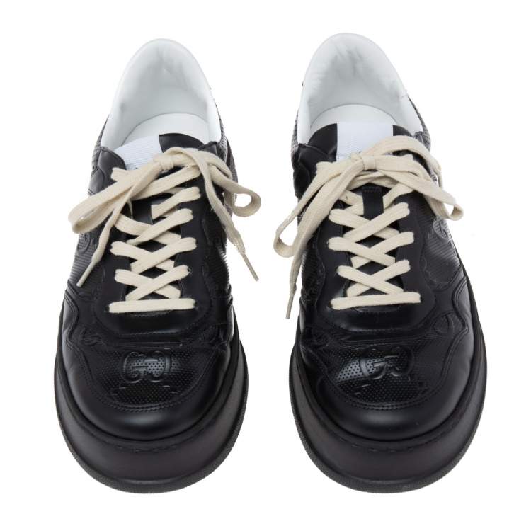 Pre Owned Gucci Black GG Embossed Leather Lace Up Sneakers Size 44