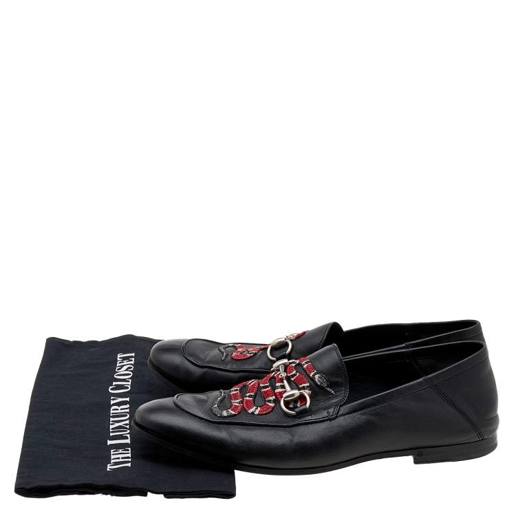 Pre Owned Gucci Black Leather Brixton Horsebit Snake Embroidered Loafers Size 42