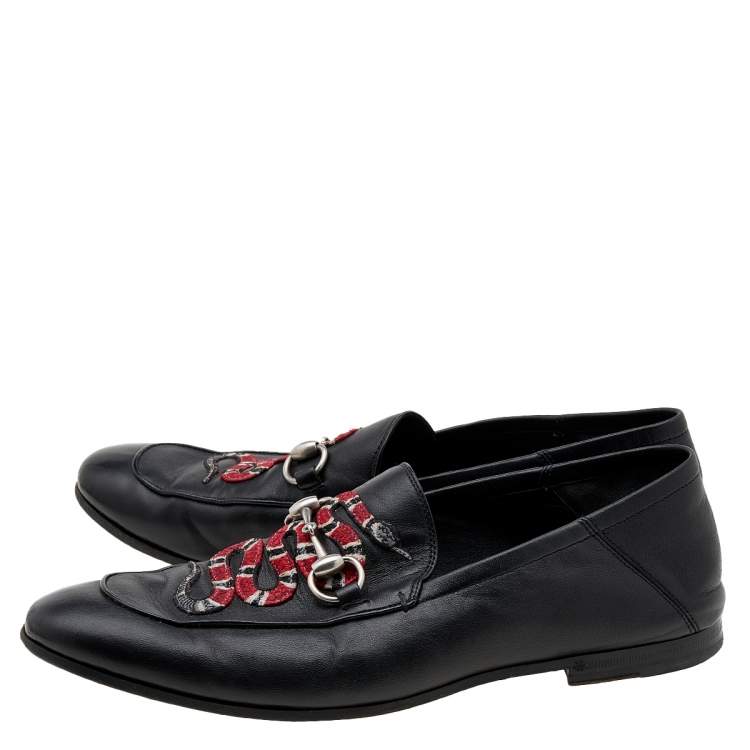 Pre Owned Gucci Black Leather Brixton Horsebit Snake Embroidered Loafers Size 42