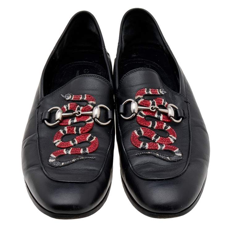Pre Owned Gucci Black Leather Brixton Horsebit Snake Embroidered Loafers Size 42