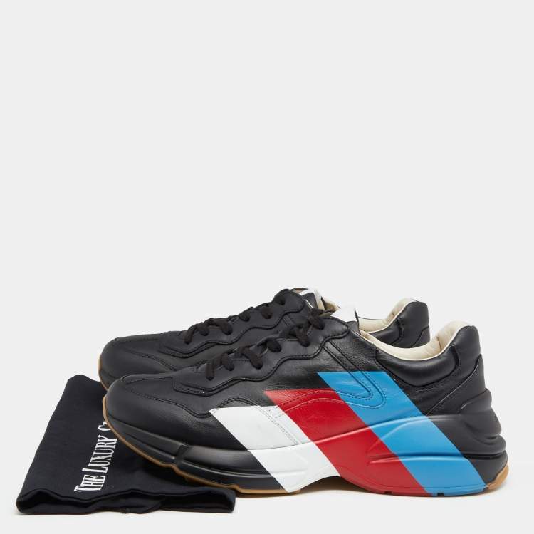 Pre Owned Gucci Black Leather Rhyton Web Print Low Top Sneakers Size 42