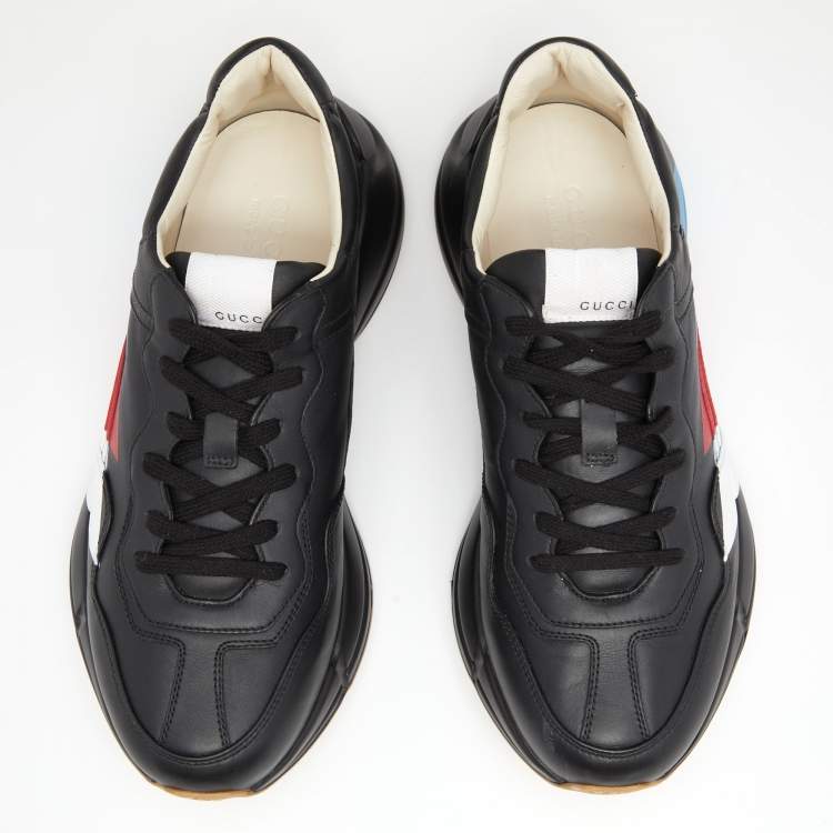Pre Owned Gucci Black Leather Rhyton Web Print Low Top Sneakers Size 42