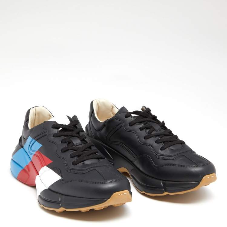 Pre Owned Gucci Black Leather Rhyton Web Print Low Top Sneakers Size 42