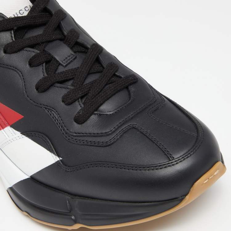 Pre Owned Gucci Black Leather Rhyton Web Print Low Top Sneakers Size 42