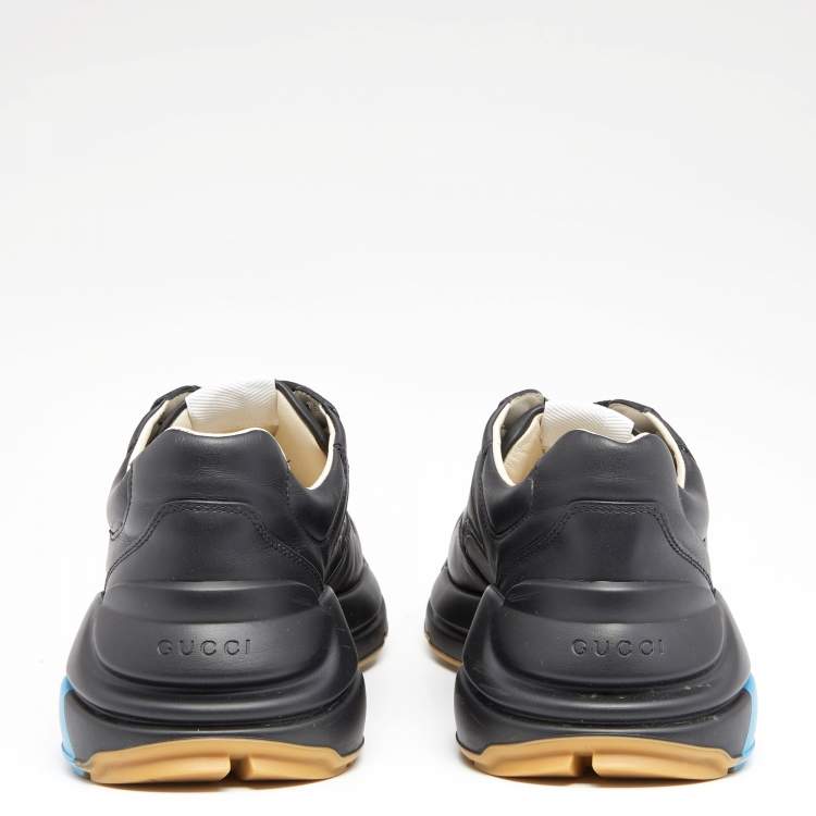 Pre Owned Gucci Black Leather Rhyton Web Print Low Top Sneakers Size 42