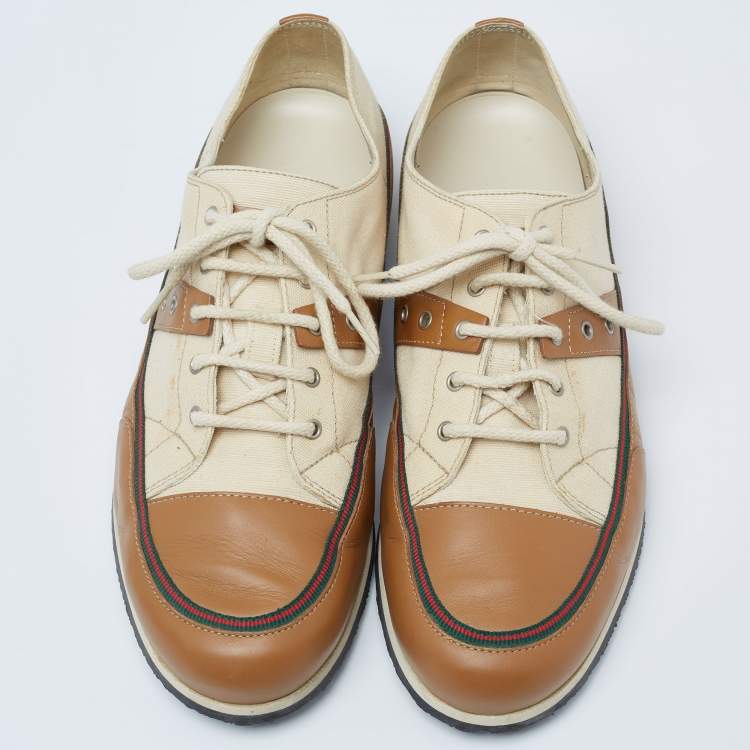 مملوكة مسبقًا Gucci Cream/Brown Leather And Canvas Lace Up  Sneakers Size 42