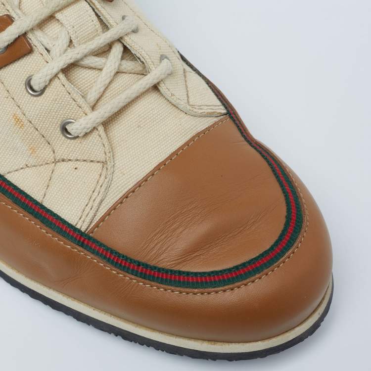 مملوكة مسبقًا Gucci Cream/Brown Leather And Canvas Lace Up  Sneakers Size 42