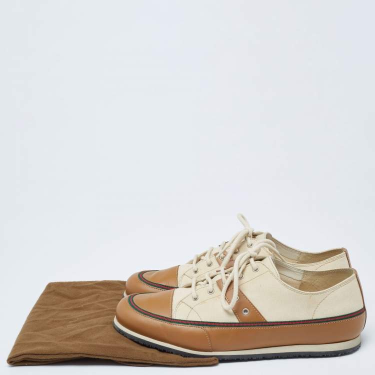 مملوكة مسبقًا Gucci Cream/Brown Leather And Canvas Lace Up  Sneakers Size 42